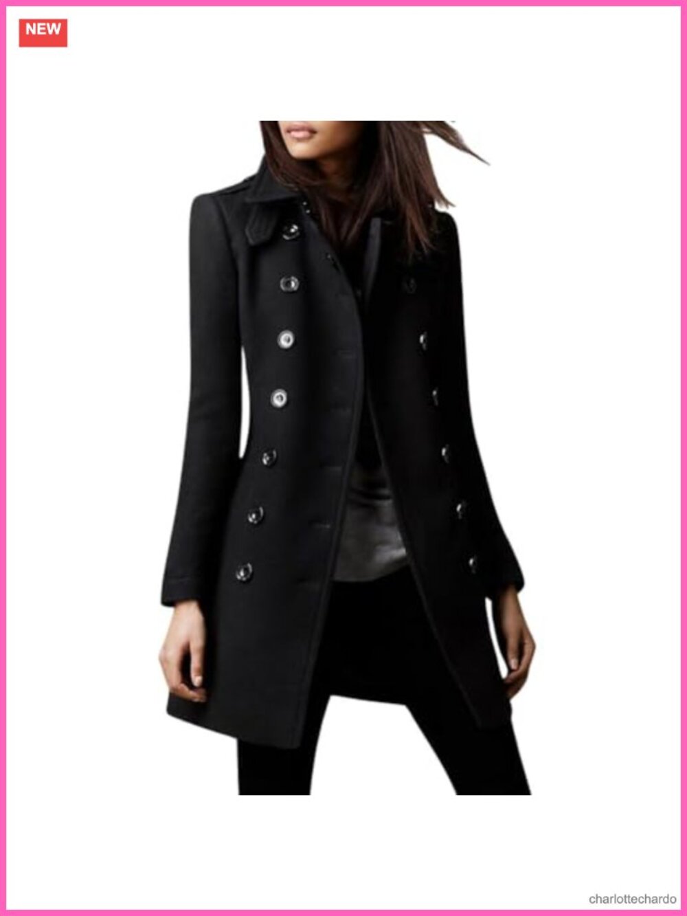 Women's Double Breasted Wool Blend Pea Coat Winter Collared Trench Jacket